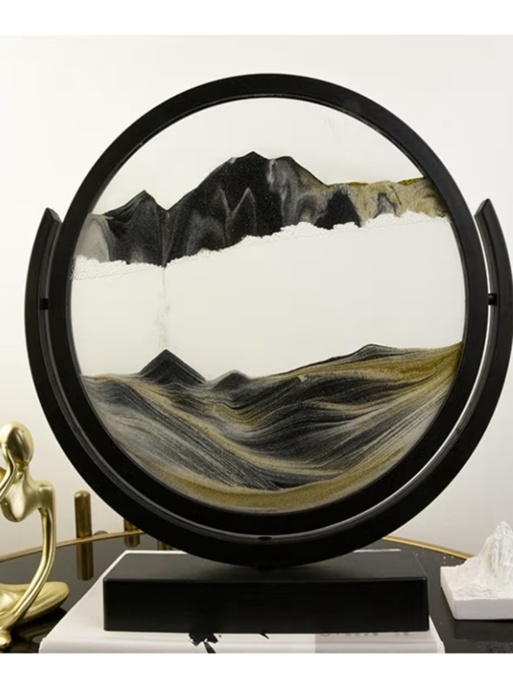 Round Sand Art Display with Black Frame and Gold & Black Sand